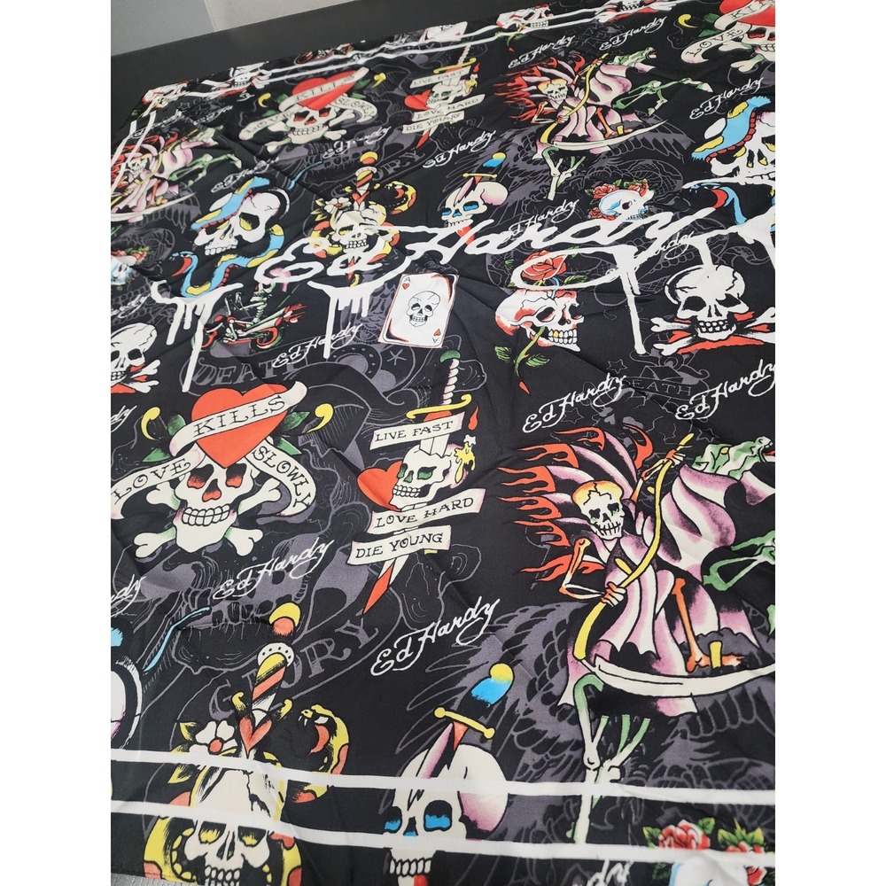 Ed Hardy Y2K Scarf Shawl Approx 42" X 42" Skull Rose Heart Love Kills Tattoo